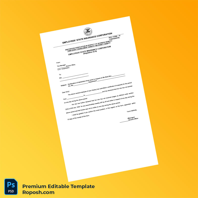 Customizable India Employees State Insurance Corporation Employment Verification Letter Word & PDF Template 2 page Customizable India Employees State Insurance Corporation Employment Verification Letter Word & PDF Template 2 page