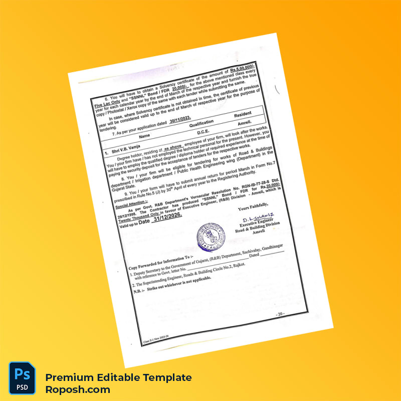 Customizable India Executive Engineer Registration Certificate Editable Word & PDF Template 2 page Customizable India Executive Engineer Registration Certificate Editable Word & PDF Template 2 page