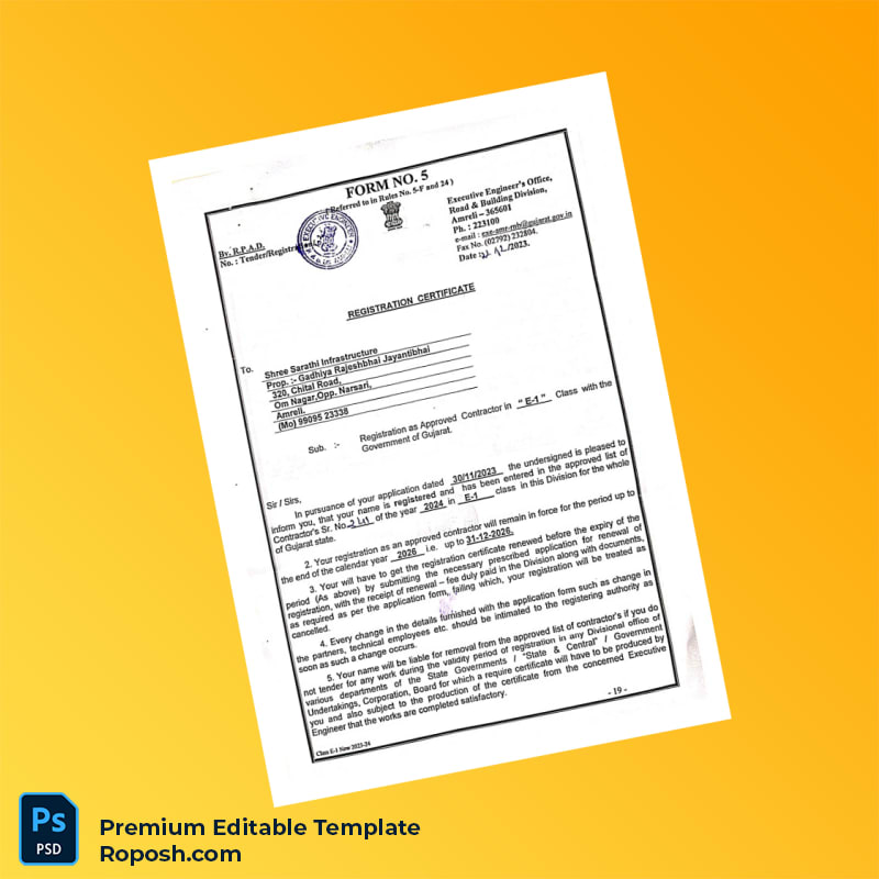 Customizable India Executive Engineer Registration Certificate Editable Word & PDF Template 2 page Customizable India Executive Engineer Registration Certificate Editable Word & PDF Template 2 page