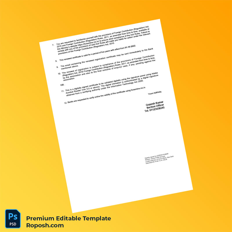 Customizable India FCRA Renewal Certificate Editable Word & PDF Template 2 page Customizable India FCRA Renewal Certificate Editable Word & PDF Template 2 page