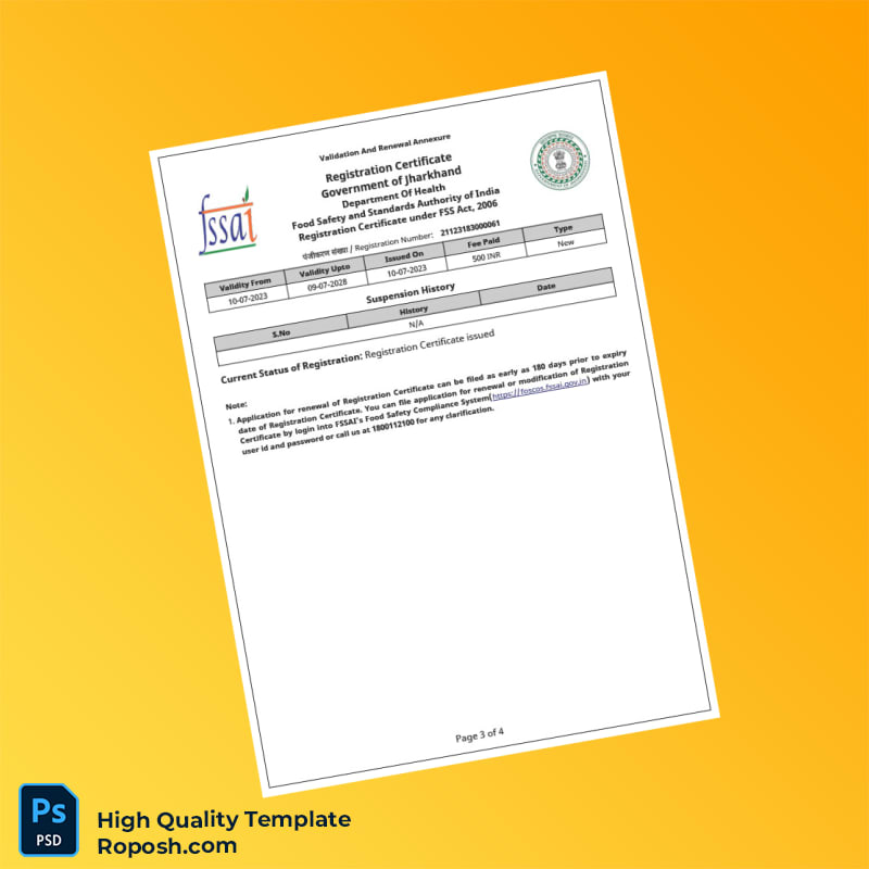 India FSSAI Editable Registration Certificate Template in Word and PDF formats 4 page India FSSAI Editable Registration Certificate Template in Word and PDF formats 4 page