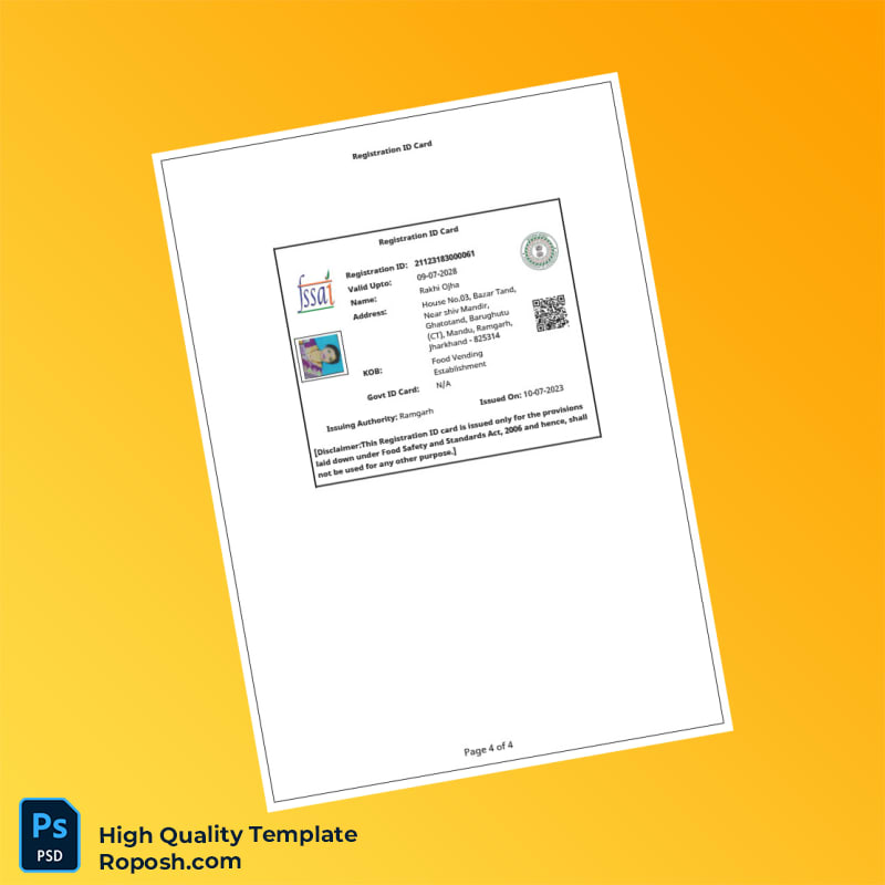 India FSSAI Editable Registration Certificate Template in Word and PDF formats 4 page India FSSAI Editable Registration Certificate Template in Word and PDF formats 4 page