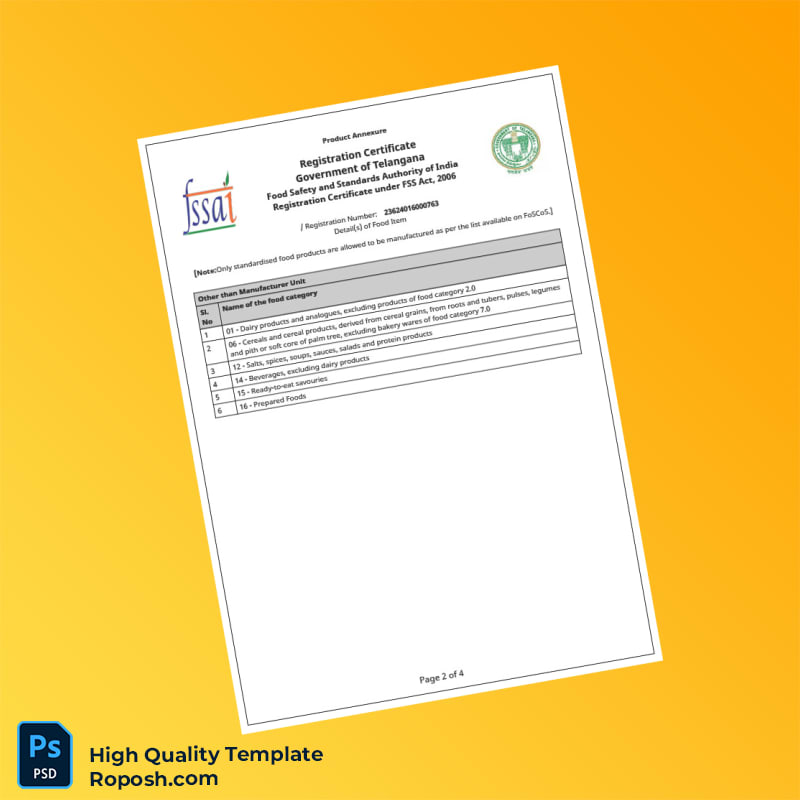 India FSSAI Food Safety and Standards Authority Business Registration Certificate Template in Word and PDF formats 4 page India FSSAI Food Safety and Standards Authority Business Registration Certificate Template in Word and PDF formats 4 page