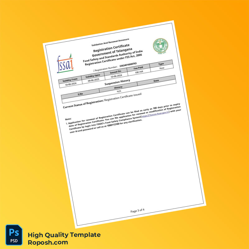 India FSSAI Food Safety and Standards Authority Business Registration Certificate Template in Word and PDF formats 4 page India FSSAI Food Safety and Standards Authority Business Registration Certificate Template in Word and PDF formats 4 page