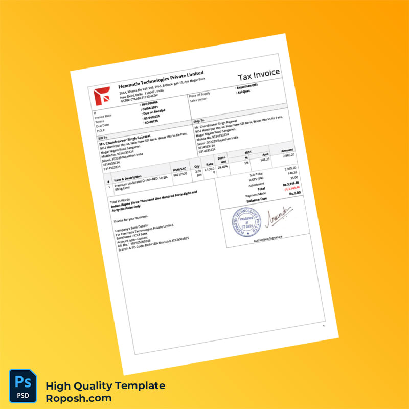 India Flexmotiv Technologies Private Limited Tax Invoice Template in Word and PDF formats India Flexmotiv Technologies Private Limited Tax Invoice Template in Word and PDF formats