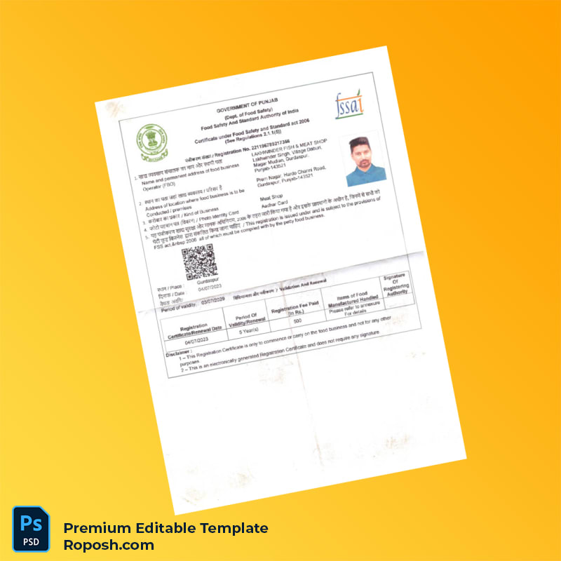 Customizable India Food Safety Registration Certificate Editable Word & PDF Template 4 page Customizable India Food Safety Registration Certificate Editable Word & PDF Template 4 page