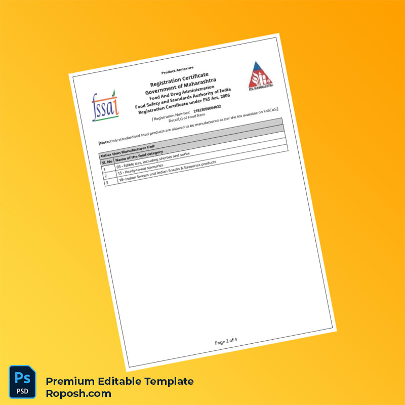 Customizable India Food Safety and Standards Authority Business Registration Certificate Editable Word & PDF Template 4 page Customizable India Food Safety and Standards Authority Business Registration Certificate Editable Word & PDF Template 4 page