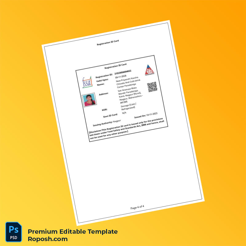 Customizable India Food Safety and Standards Authority Business Registration Certificate Editable Word & PDF Template 4 page Customizable India Food Safety and Standards Authority Business Registration Certificate Editable Word & PDF Template 4 page