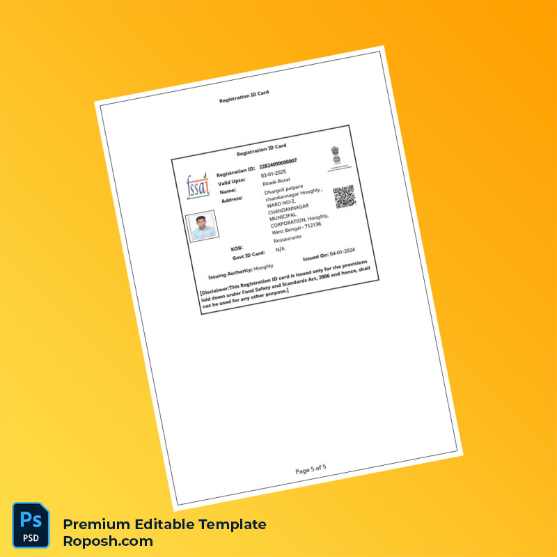Customizable India Food Safety and Standards Authority Food Business Registration Certificate Editable Word & PDF Template 5 page Customizable India Food Safety and Standards Authority Food Business Registration Certificate Editable Word & PDF Template 5 page