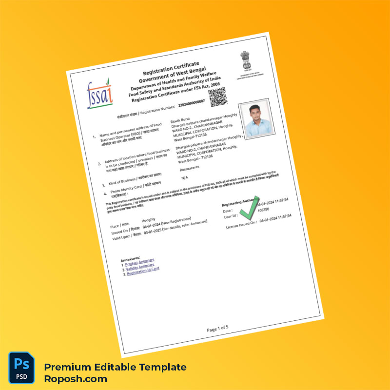 Customizable India Food Safety and Standards Authority Food Business Registration Certificate Editable Word & PDF Template 5 page Customizable India Food Safety and Standards Authority Food Business Registration Certificate Editable Word & PDF Template 5 page