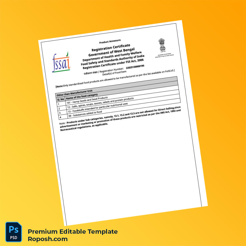 India Food Safety and Standards Authority Registration Certificate Editable Word & PDF Template 5 page India Food Safety and Standards Authority Registration Certificate Editable Word & PDF Template 5 page