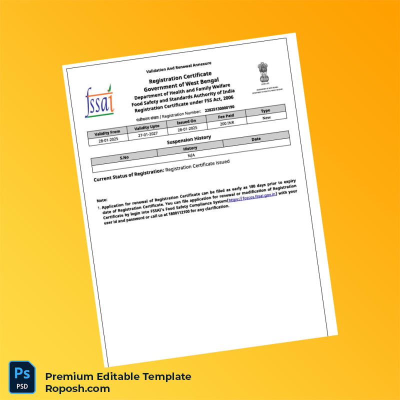 India Food Safety and Standards Authority Registration Certificate Editable Word & PDF Template 5 page India Food Safety and Standards Authority Registration Certificate Editable Word & PDF Template 5 page