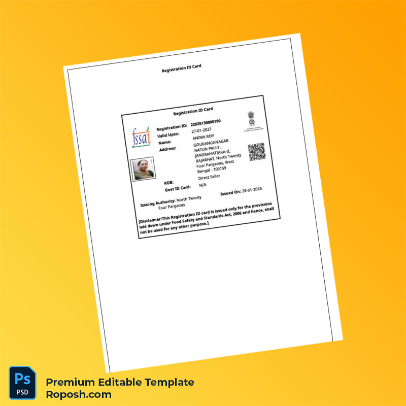 India Food Safety and Standards Authority Registration Certificate Editable Word & PDF Template 5 page India Food Safety and Standards Authority Registration Certificate Editable Word & PDF Template 5 page