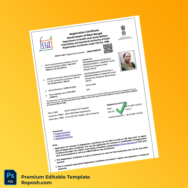 India Food Safety and Standards Authority Registration Certificate Editable Word & PDF Template 5 page India Food Safety and Standards Authority Registration Certificate Editable Word & PDF Template 5 page
