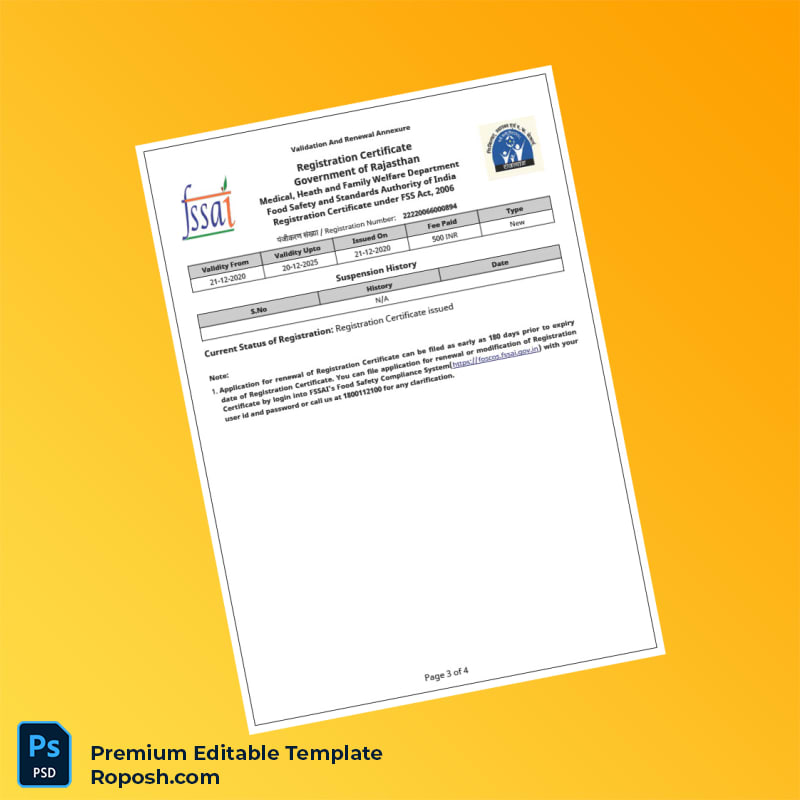 Customizable India Food Safety and Standards Authority of India Business Registration Certificate Editable Word & PDF Template 4 page Customizable India Food Safety and Standards Authority of India Business Registration Certificate Editable Word & PDF Template 4 page