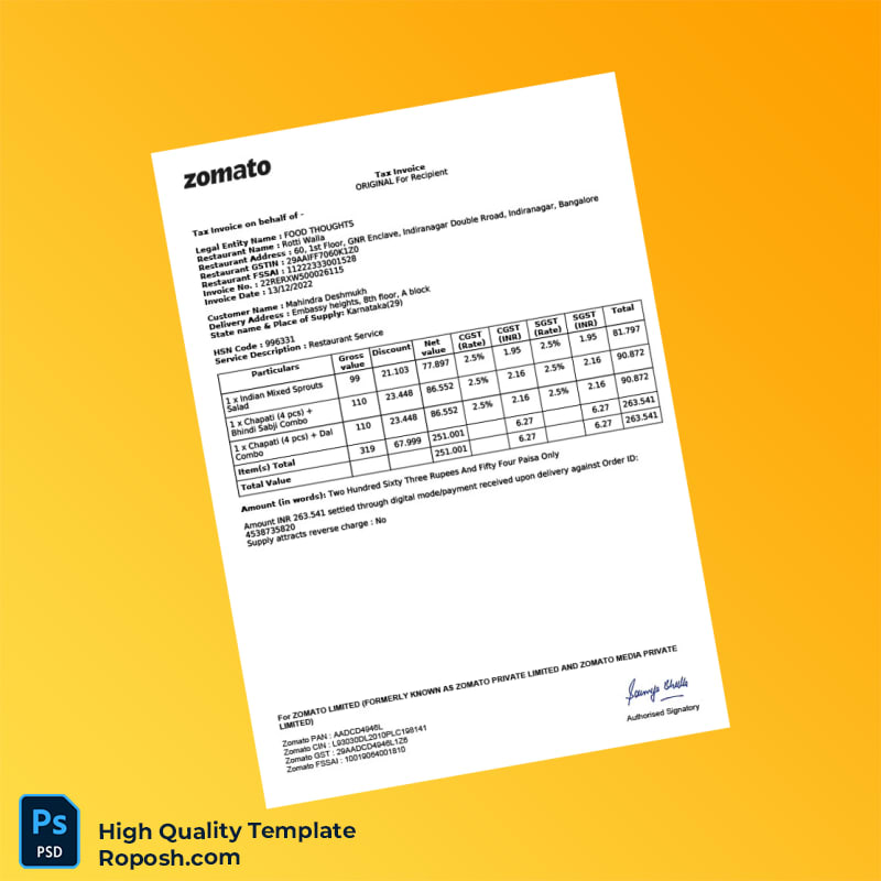 India Food Thoughts Tax Invoice Template in Word and PDF formats India Food Thoughts Tax Invoice Template in Word and PDF formats