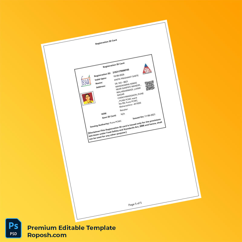 Customizable India Food and Drug Administration FSSAI Registration Certificate Editable Word & PDF Template 5 page Customizable India Food and Drug Administration FSSAI Registration Certificate Editable Word & PDF Template 5 page