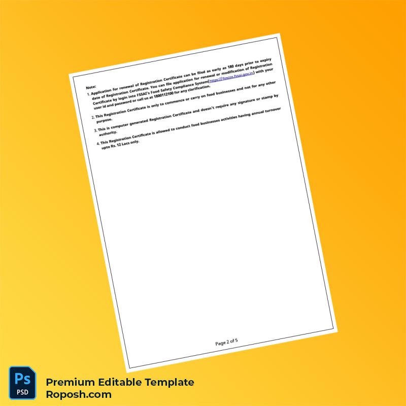 Customizable India Food and Drug Administration Registration Certificate Editable Word & PDF Template 5 page Customizable India Food and Drug Administration Registration Certificate Editable Word & PDF Template 5 page