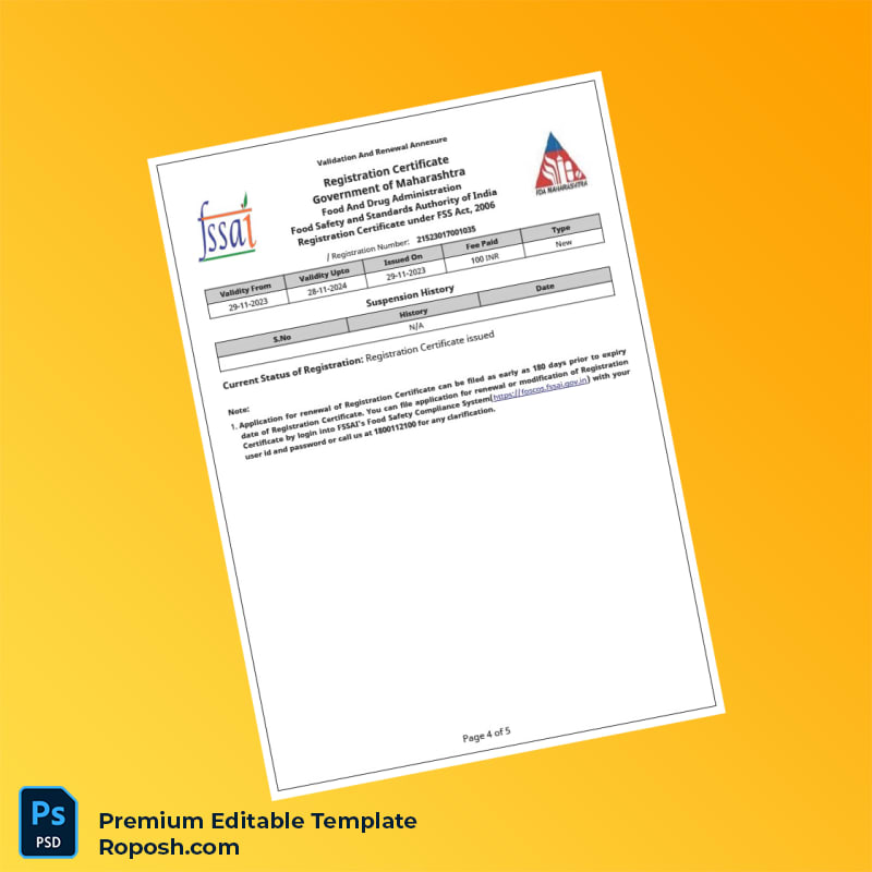 Customizable India Food and Drug Administration Registration Certificate Editable Word & PDF Template 5 page Customizable India Food and Drug Administration Registration Certificate Editable Word & PDF Template 5 page