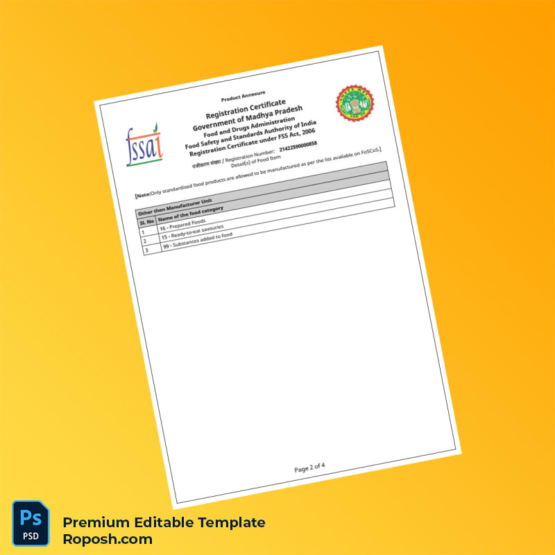 Customizable India Food and Drugs Administration Business Registration Certificate Editable Word & PDF Template 4 page Customizable India Food and Drugs Administration Business Registration Certificate Editable Word & PDF Template 4 page