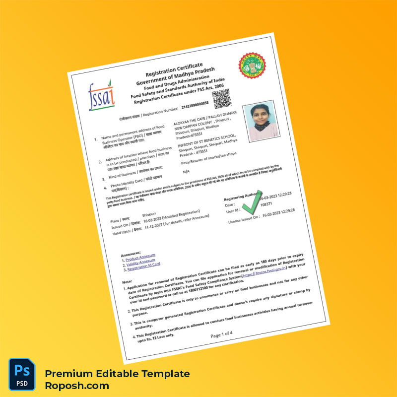 Customizable India Food and Drugs Administration Business Registration Certificate Editable Word & PDF Template 4 page Customizable India Food and Drugs Administration Business Registration Certificate Editable Word & PDF Template 4 page