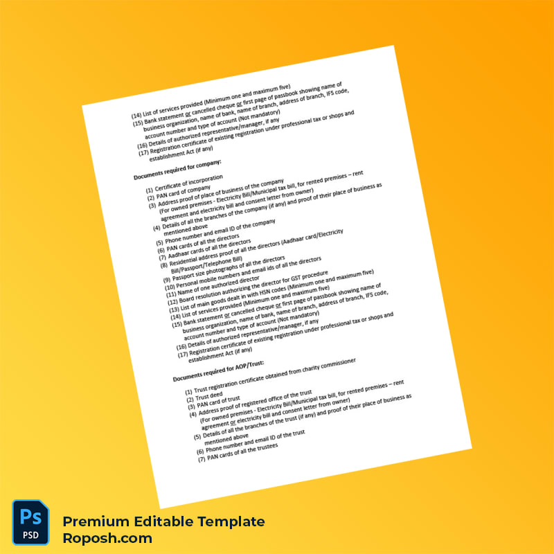 Customizable India GST Registration Checklist Editable Word & PDF Template 4 page Customizable India GST Registration Checklist Editable Word & PDF Template 4 page