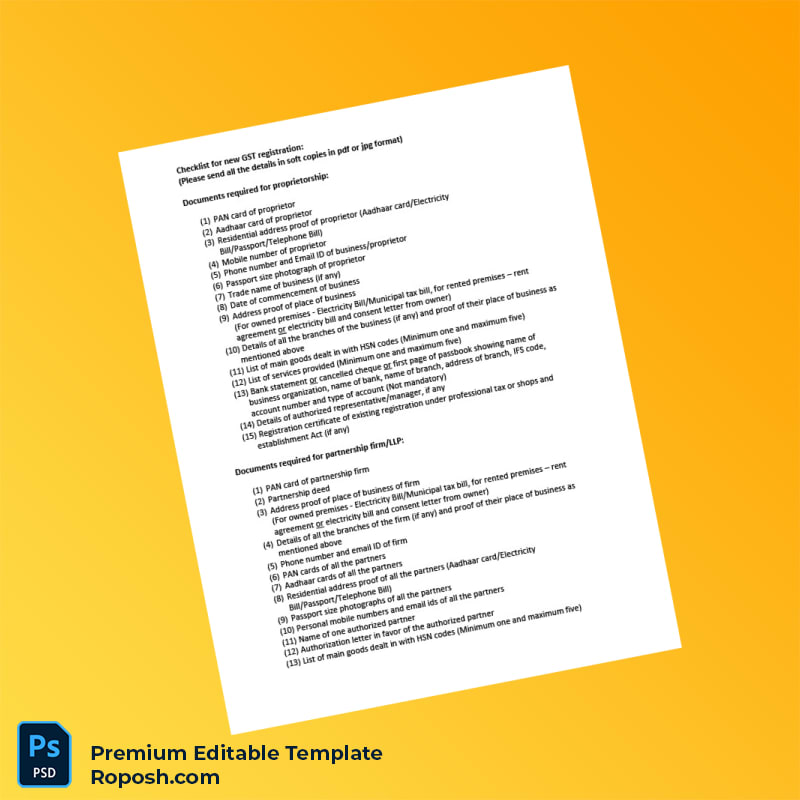 Customizable India GST Registration Checklist Editable Word & PDF Template 4 page Customizable India GST Registration Checklist Editable Word & PDF Template 4 page
