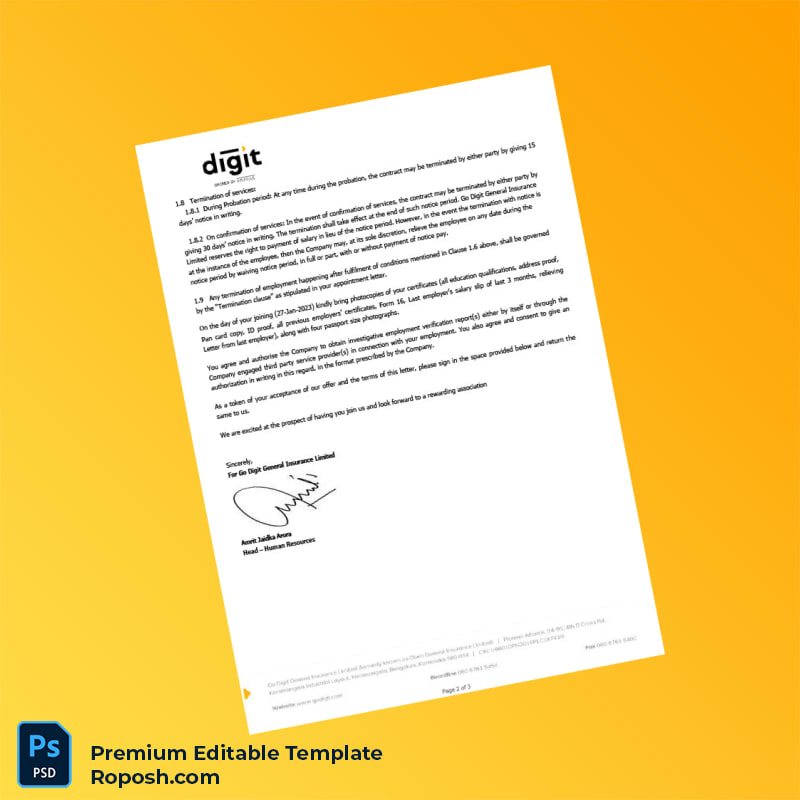 Customizable India Go Digit General Insurance Limited Employment Verification Letter Word & PDF Template 3 page Customizable India Go Digit General Insurance Limited Employment Verification Letter Word & PDF Template 3 page