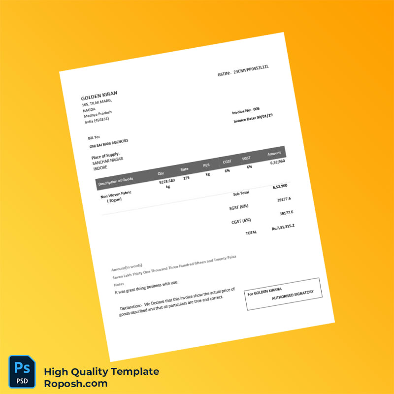 India Golden Kiran Invoice Template in Word and PDF formats 2 page India Golden Kiran Invoice Template in Word and PDF formats 2 page