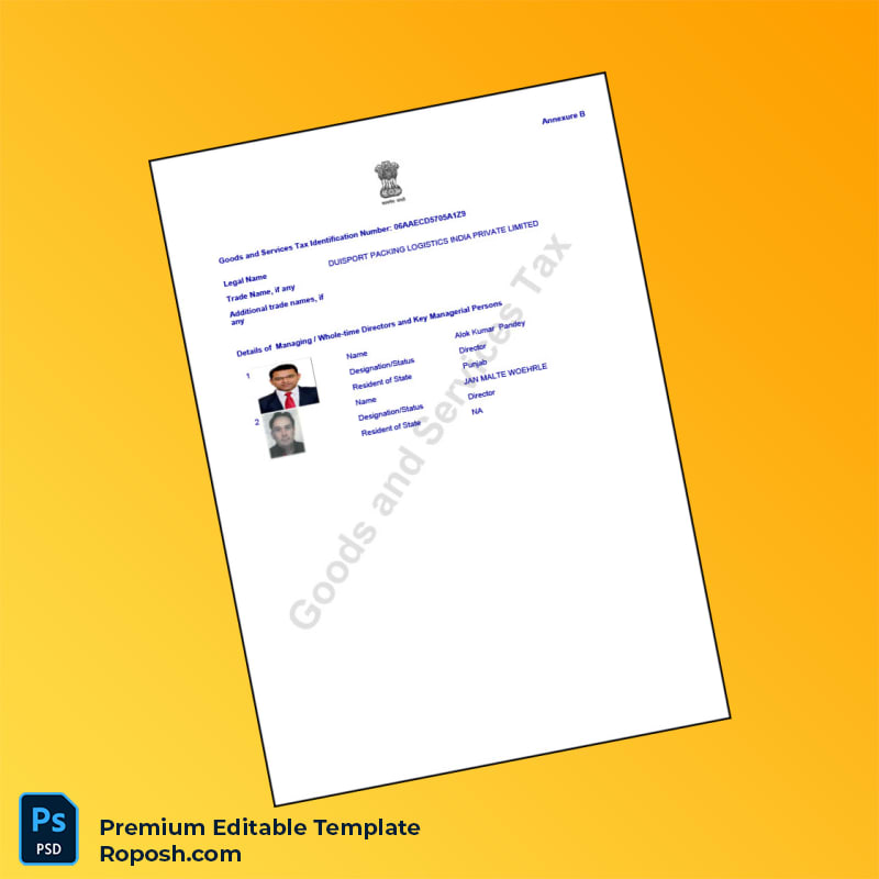 Customizable India Goods and Services Tax Registration Certificate Editable Word & PDF Template 3 page Customizable India Goods and Services Tax Registration Certificate Editable Word & PDF Template 3 page