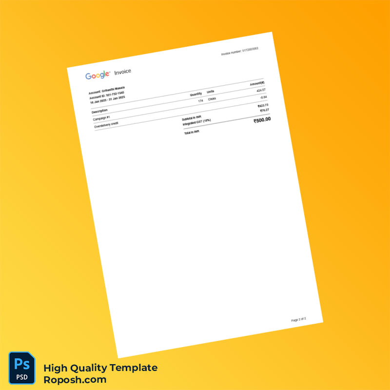 India Google Invoice Template in Word and PDF formats 2 page India Google Invoice Template in Word and PDF formats 2 page