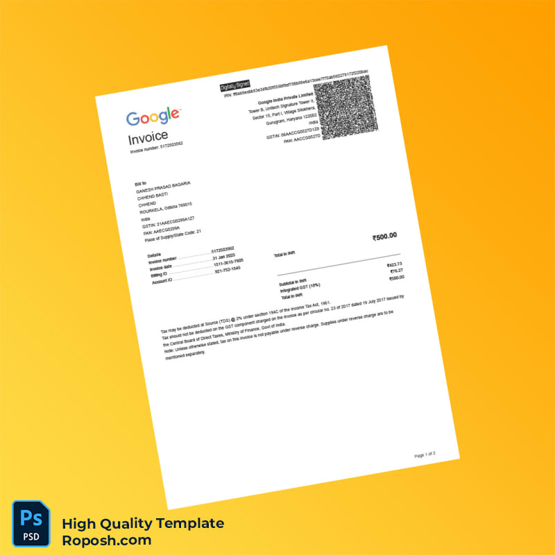 India Google Invoice Template in Word and PDF formats 2 page India Google Invoice Template in Word and PDF formats 2 page