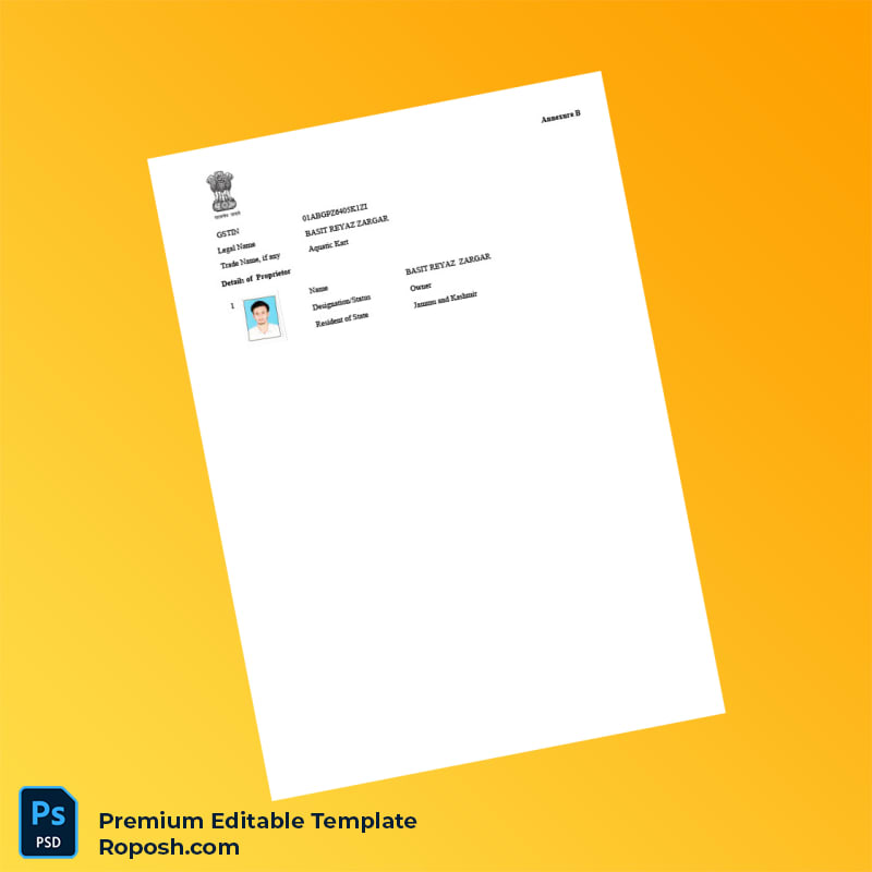Customizable India Government of Jammu and Kashmir GST Registration Certificate Editable Word & PDF Template 3 page Customizable India Government of Jammu and Kashmir GST Registration Certificate Editable Word & PDF Template 3 page