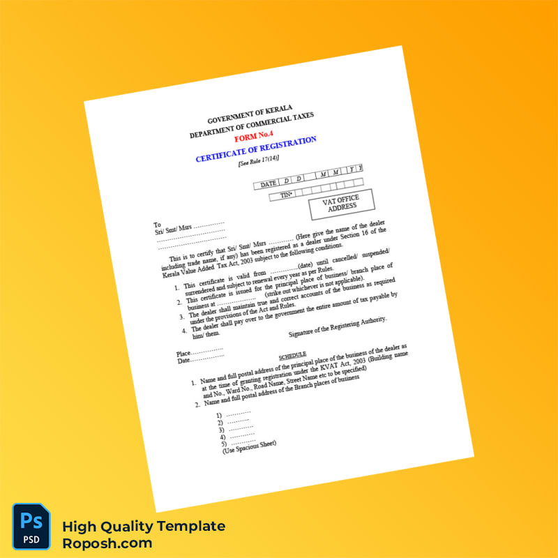 India Government of Kerala Department of Commercial Taxes Business Registration Certificate Template in Word and PDF formats 6 page India Government of Kerala Department of Commercial Taxes Business Registration Certificate Template in Word and PDF formats 6 page