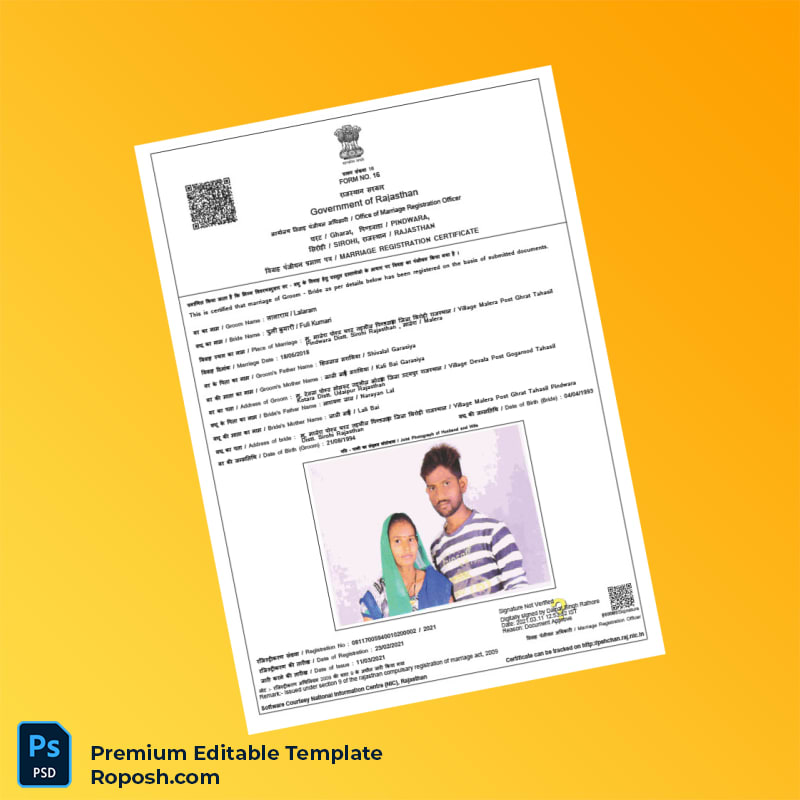 Customizable India Government of Rajasthan Marriage Registration Certificate Editable Word & PDF Template Customizable India Government of Rajasthan Marriage Registration Certificate Editable Word & PDF Template