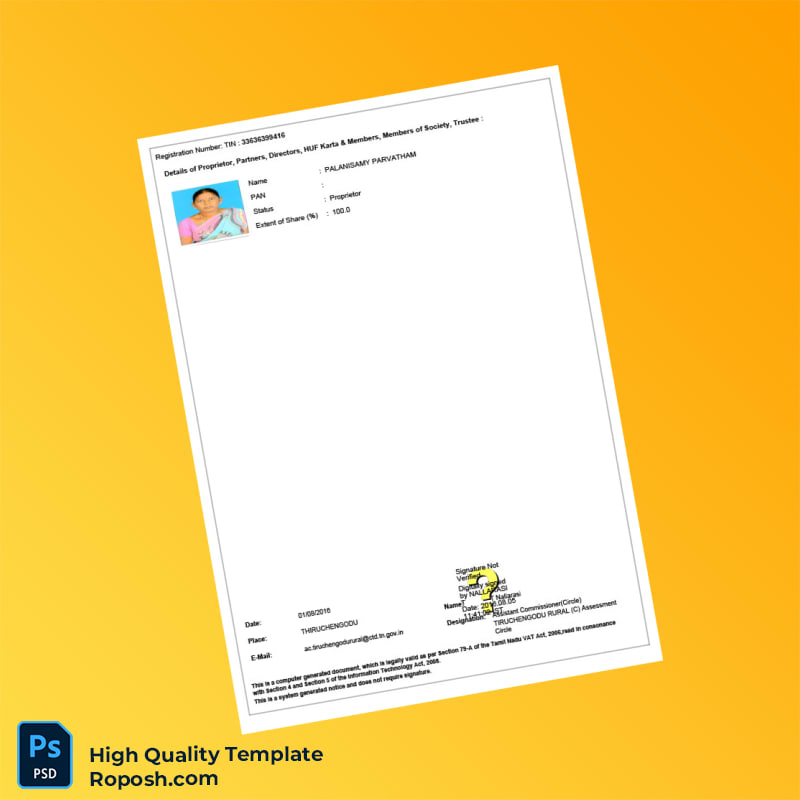 India Government of Tamil Nadu Commercial Taxes Department Business Registration Certificate Template in Word and PDF formats 2 page India Government of Tamil Nadu Commercial Taxes Department Business Registration Certificate Template in Word and PDF formats 2 page