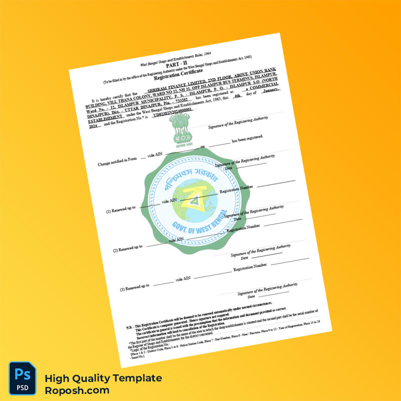 India Government of West Bengal Business Registration Certificate Template in Word and PDF formats India Government of West Bengal Business Registration Certificate Template in Word and PDF formats