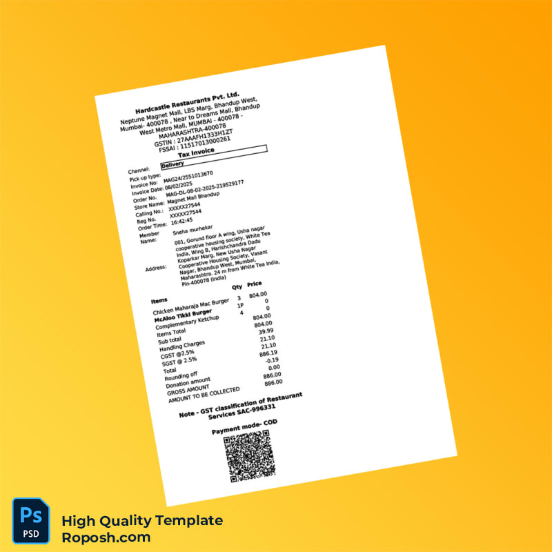 India Hardcastle Restaurants Pvt Ltd Tax Invoice Template in Word and PDF formats 2 page India Hardcastle Restaurants Pvt Ltd Tax Invoice Template in Word and PDF formats 2 page