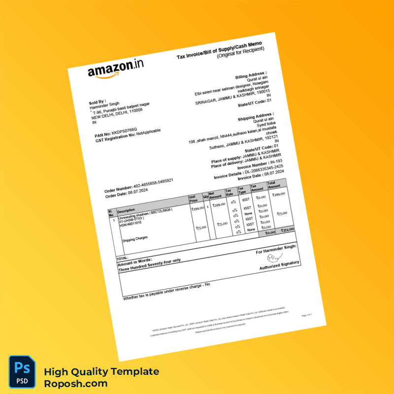 India Harminder Singh Invoice Template in Word and PDF formats India Harminder Singh Invoice Template in Word and PDF formats