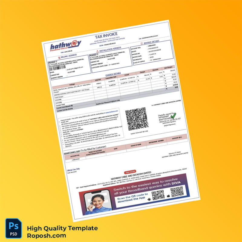 India Hathway Cable and Datacom Limited Invoice Template in Word and PDF formats India Hathway Cable and Datacom Limited Invoice Template in Word and PDF formats