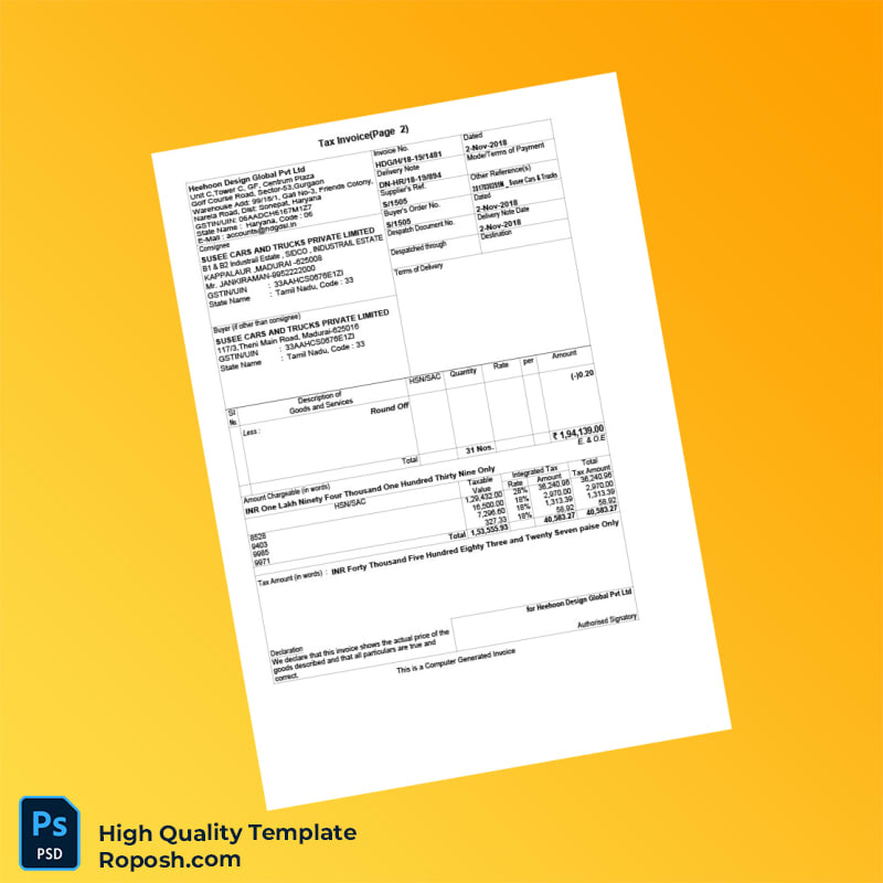 India Heehoon Design Global Pvt Ltd Tax Invoice Template in Word and PDF formats 2 page India Heehoon Design Global Pvt Ltd Tax Invoice Template in Word and PDF formats 2 page