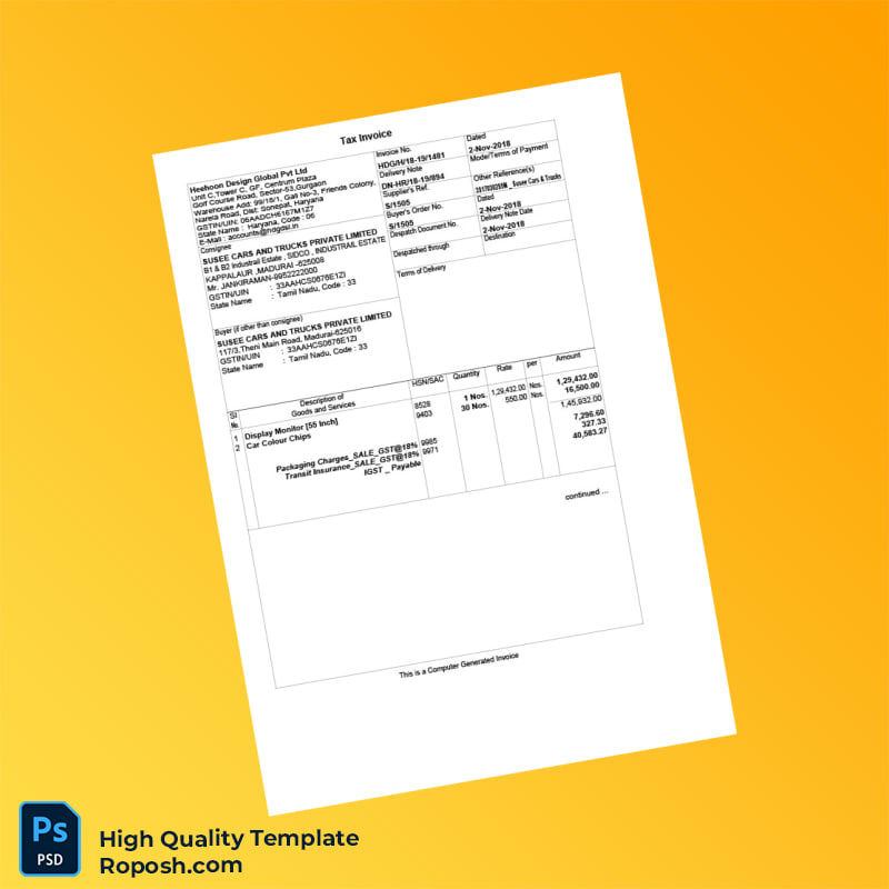 India Heehoon Design Global Pvt Ltd Tax Invoice Template in Word and PDF formats 2 page India Heehoon Design Global Pvt Ltd Tax Invoice Template in Word and PDF formats 2 page
