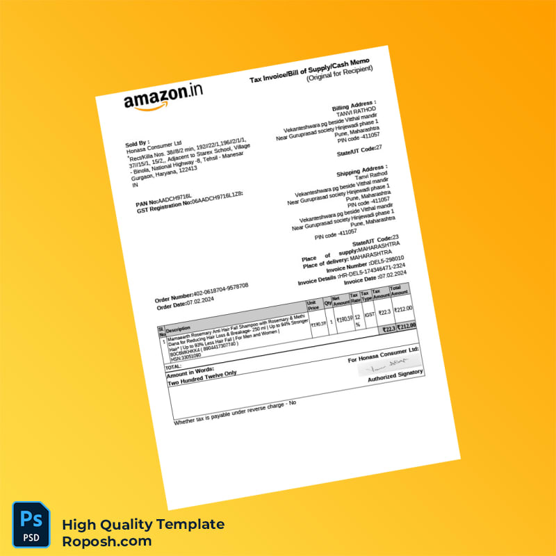 India Honasa Consumer Ltd Invoice Template in Word and PDF formats 2 page India Honasa Consumer Ltd Invoice Template in Word and PDF formats 2 page