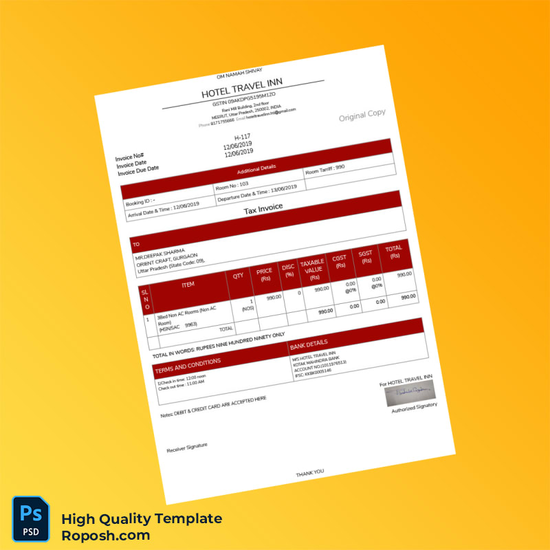 India Hotel Travel Inn Tax Invoice Template in Word and PDF formats India Hotel Travel Inn Tax Invoice Template in Word and PDF formats