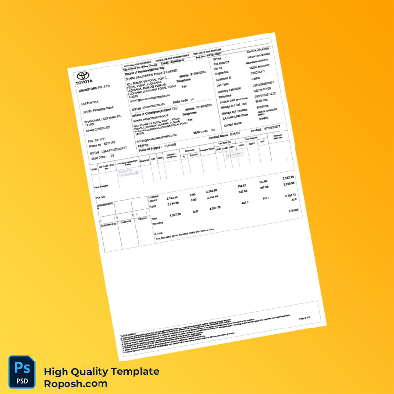 India IJM Motors Pvt Ltd Invoice Template in Word and PDF formats 2 page India IJM Motors Pvt Ltd Invoice Template in Word and PDF formats 2 page