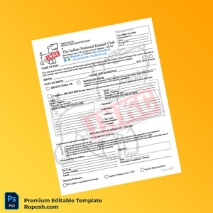Customizable India INKC Single Dog Registration Form Editable Word & PDF Template 2 page
