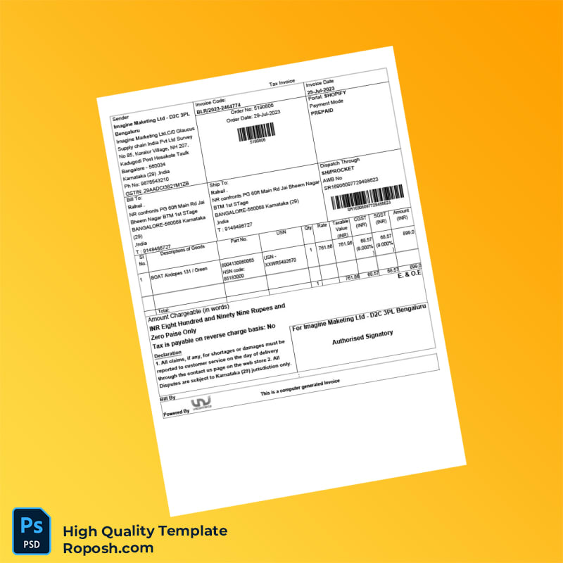 India Imagine Marketing Ltd Invoice Template in Word and PDF formats India Imagine Marketing Ltd Invoice Template in Word and PDF formats