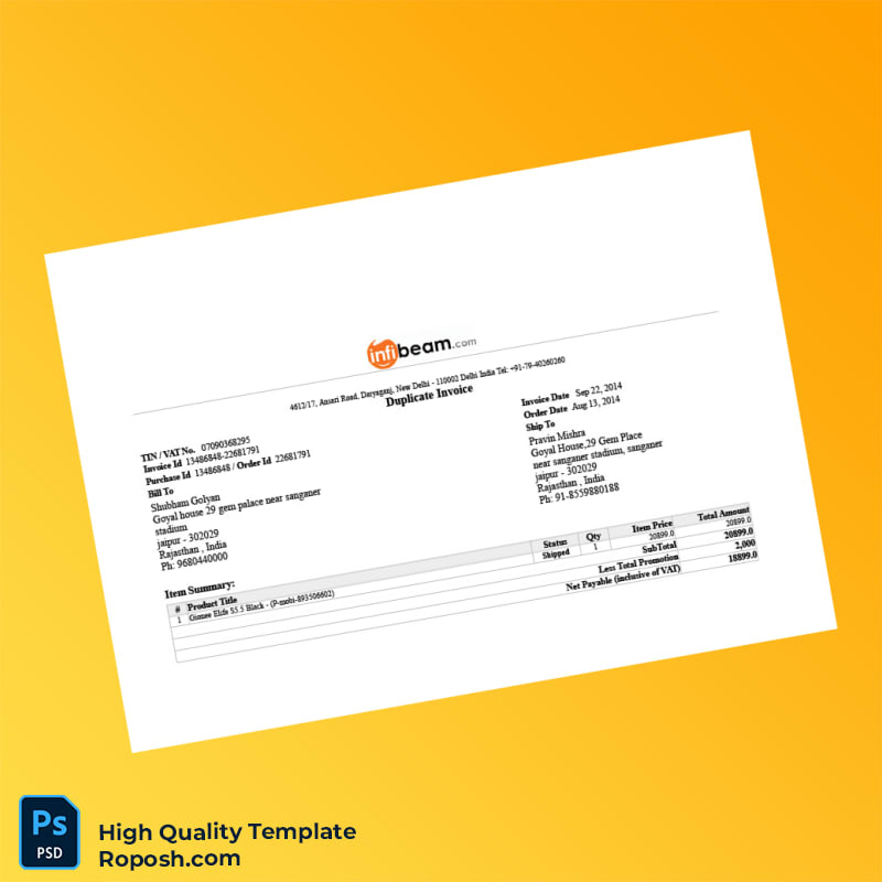 India Infibeam Invoice Template in Word and PDF formats 2 page India Infibeam Invoice Template in Word and PDF formats 2 page