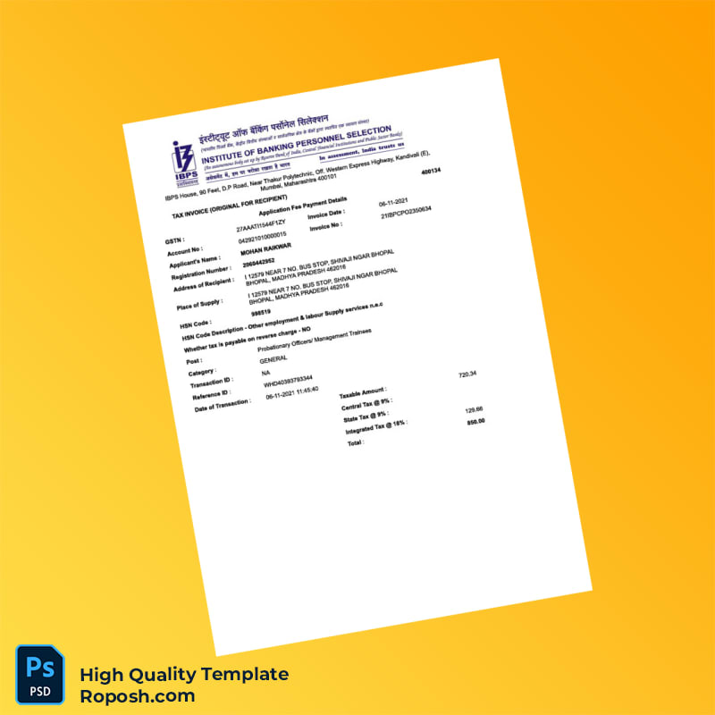 India Institute of Banking Personnel Selection Invoice Template in Word and PDF formats India Institute of Banking Personnel Selection Invoice Template in Word and PDF formats