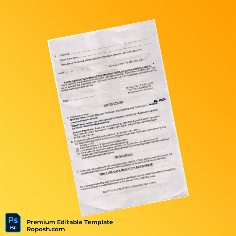 Customizable India Issuer Migration Certificate Editable Word & PDF Template 2 page Customizable India Issuer Migration Certificate Editable Word & PDF Template 2 page